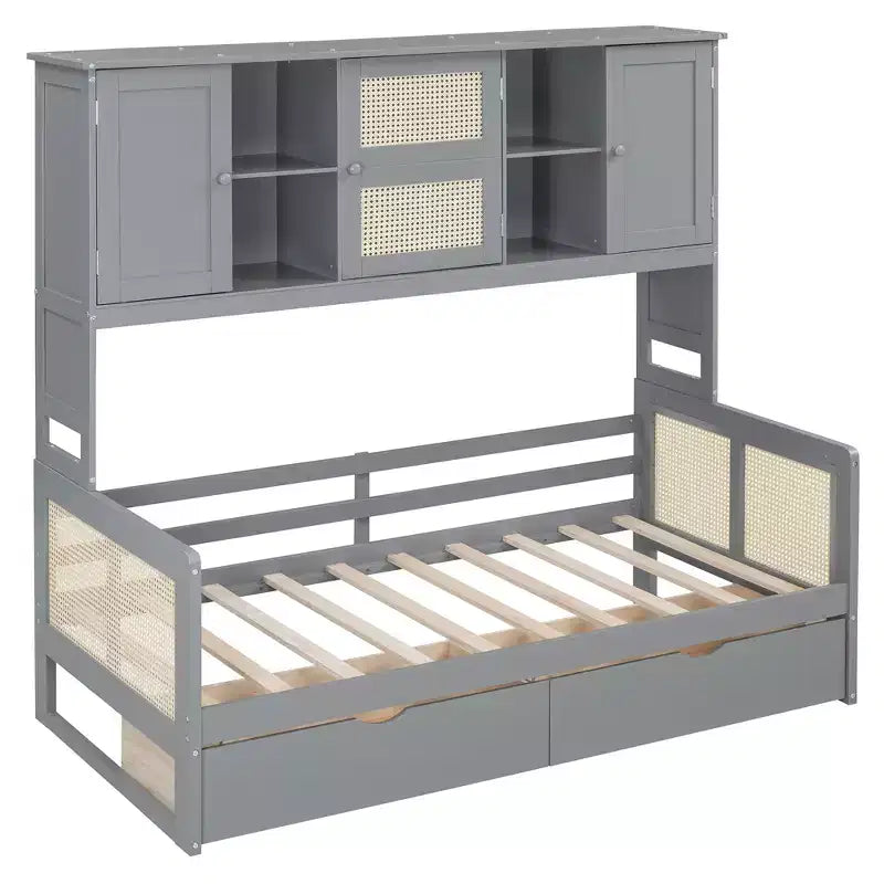 Lit de repos simple/double avec bibliothèque de rangement, lit de repos en bois avec armoires de rangement et étagères