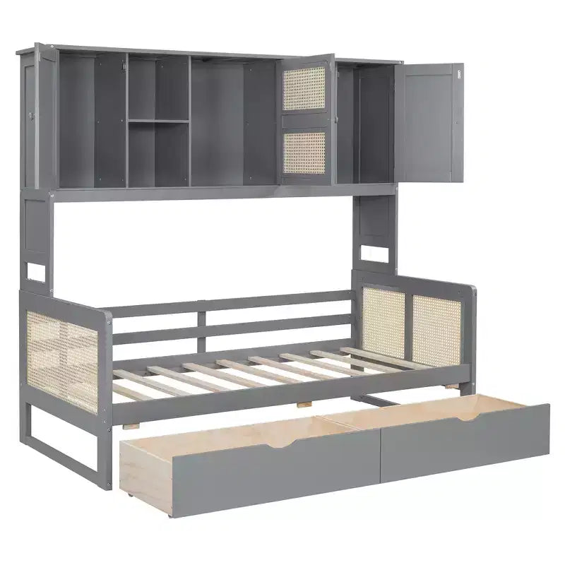 Lit de repos simple/double avec bibliothèque de rangement, lit de repos en bois avec armoires de rangement et étagères