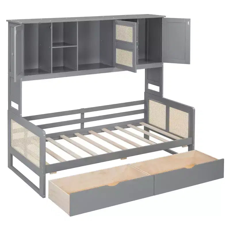 Lit de repos simple/double avec bibliothèque de rangement, lit de repos en bois avec armoires de rangement et étagères