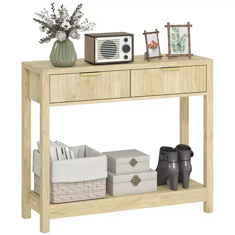 HOMCOM 35 Modern Console Table with Storage, Narrow Hallway Table with Fluted Panel Drawers and Shelf for Living Room, Natural
