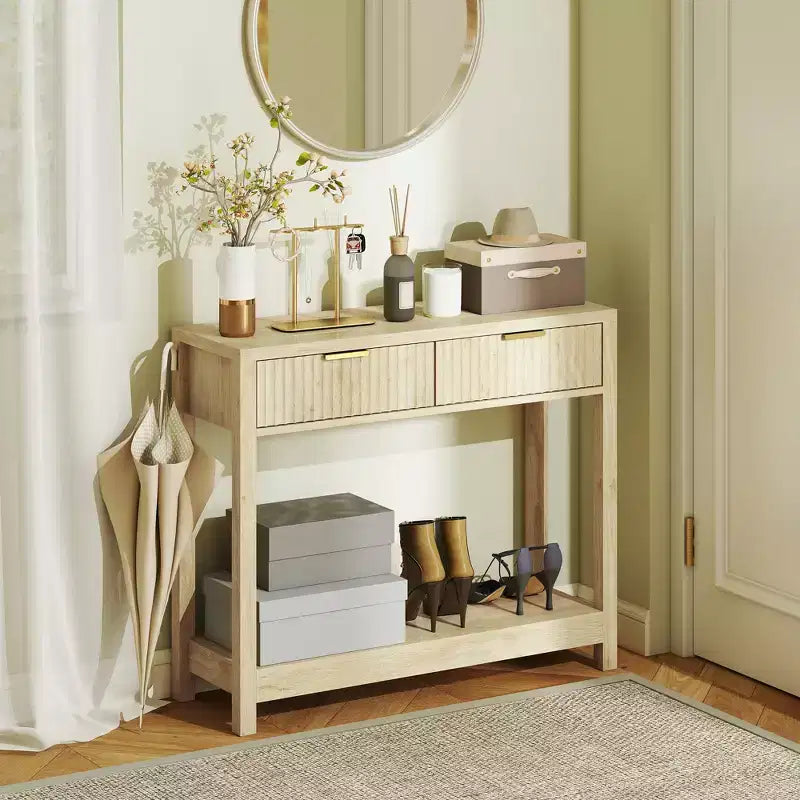Console moderne avec rangement, Table de couloir étroite avec tiroirs à panneaux cannelés et étagère pour salon, Naturel