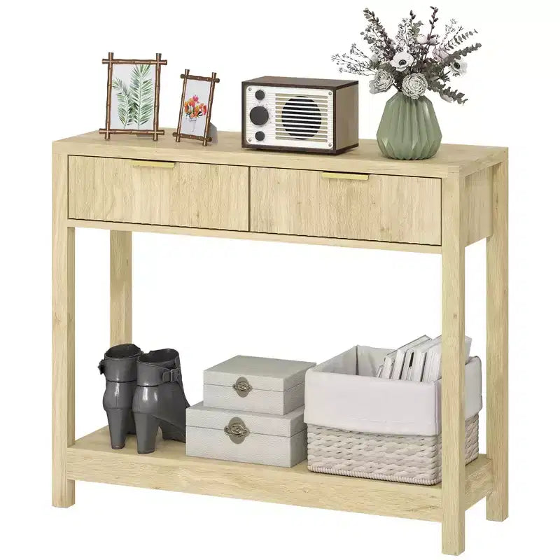 Console moderne avec rangement, Table de couloir étroite avec tiroirs à panneaux cannelés et étagère pour salon, Naturel