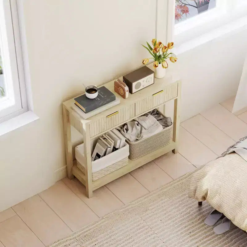 Console moderne avec rangement, Table de couloir étroite avec tiroirs à panneaux cannelés et étagère pour salon, Naturel