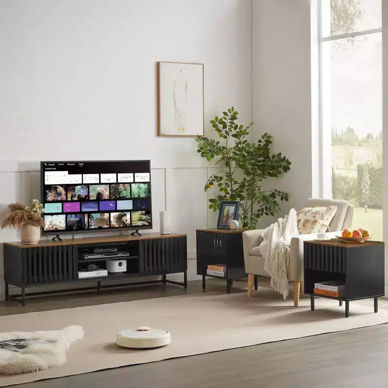 Meuble TV moderne à température moyenne de 160 cm | Portes à lattes avec rangement Idéal pour le salon, la chambre et le centre de divertissement