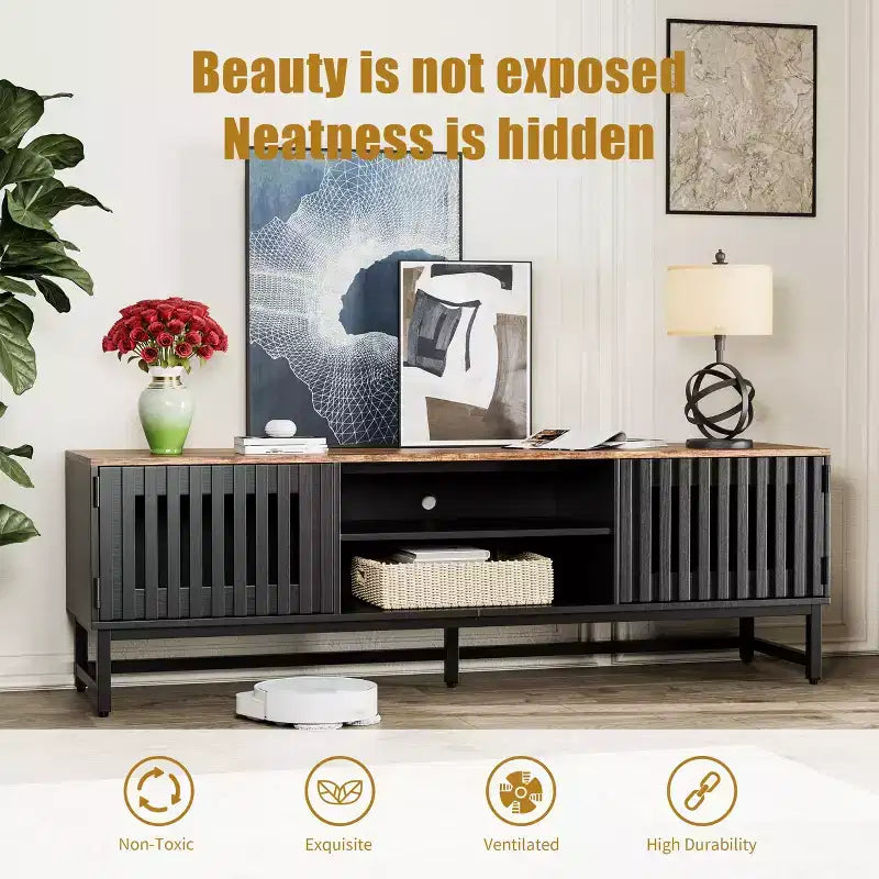 Meuble TV moderne à température moyenne de 160 cm | Portes à lattes avec rangement Idéal pour le salon, la chambre et le centre de divertissement