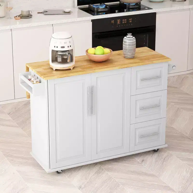 Okak Îlot de cuisine moderne avec plan de travail abattant et tiroirs, desserte de cuisine mobile roulante avec étagères, meuble de rangement, table à manger pliante