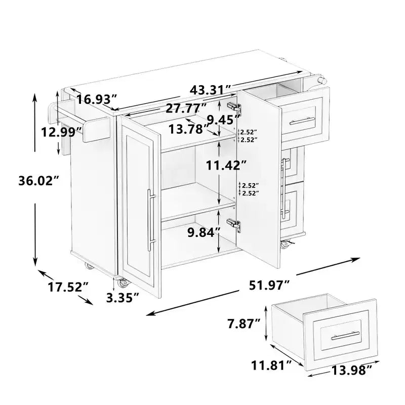 Okak Îlot de cuisine moderne avec plan de travail abattant et tiroirs, desserte de cuisine mobile roulante avec étagères, meuble de rangement, table à manger pliante