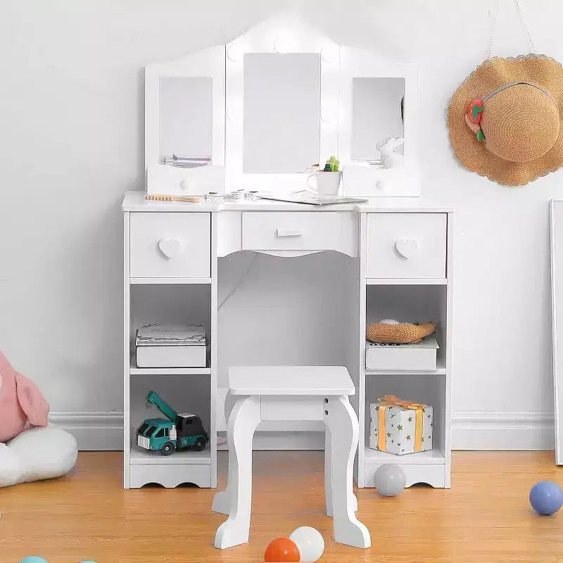 Coiffeuse avec miroir, coiffeuse en bois 2-en-1 pour tout-petits avec tabouret et tiroir