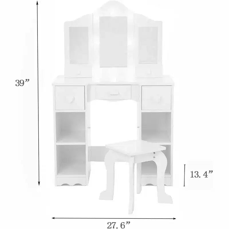Coiffeuse avec miroir, coiffeuse en bois 2-en-1 pour tout-petits avec tabouret et tiroir