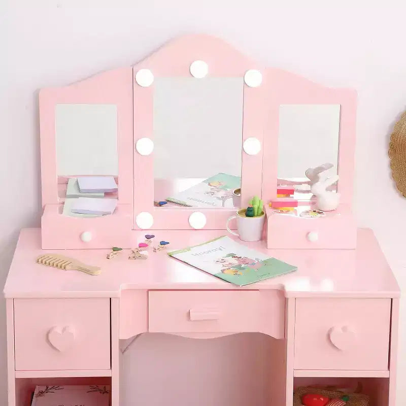 Coiffeuse avec miroir, coiffeuse en bois 2-en-1 pour tout-petits avec tabouret et tiroir