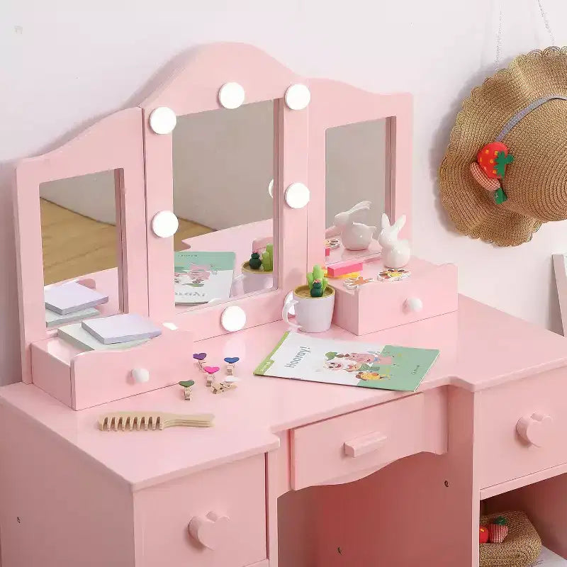 Coiffeuse avec miroir, coiffeuse en bois 2-en-1 pour tout-petits avec tabouret et tiroir