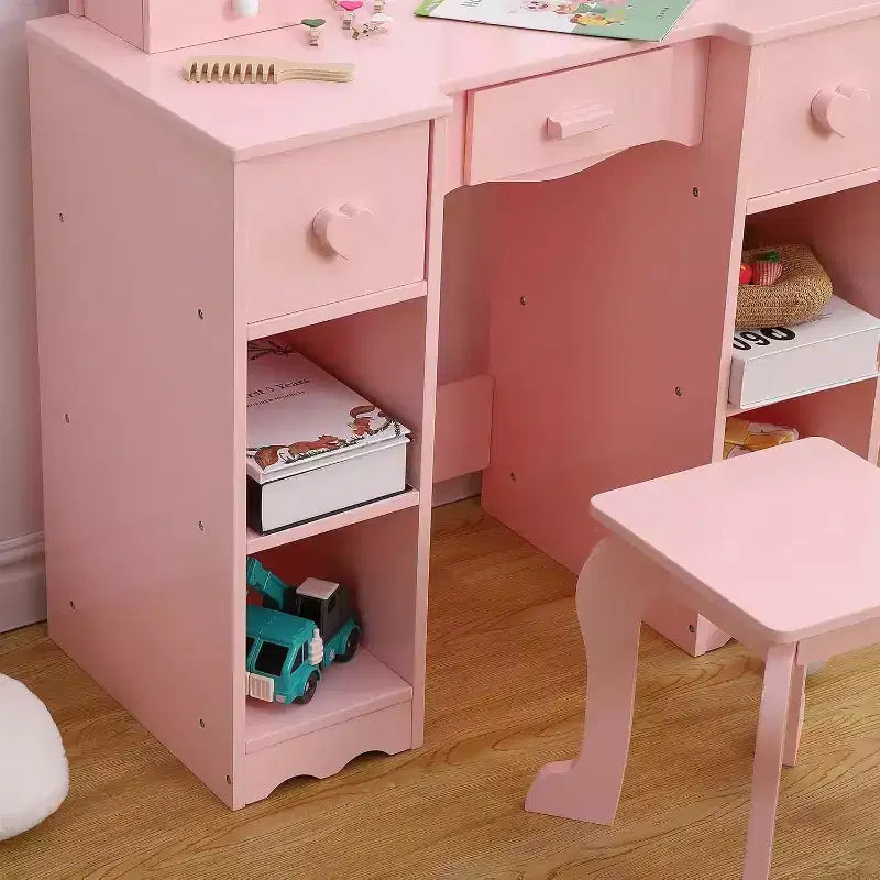 Coiffeuse avec miroir, coiffeuse en bois 2-en-1 pour tout-petits avec tabouret et tiroir