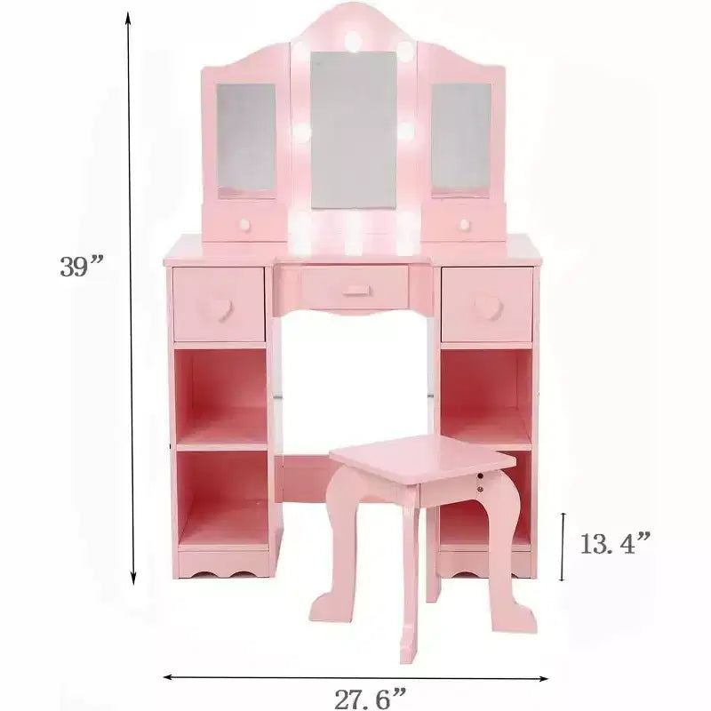 Coiffeuse avec miroir, coiffeuse en bois 2-en-1 pour tout-petits avec tabouret et tiroir
