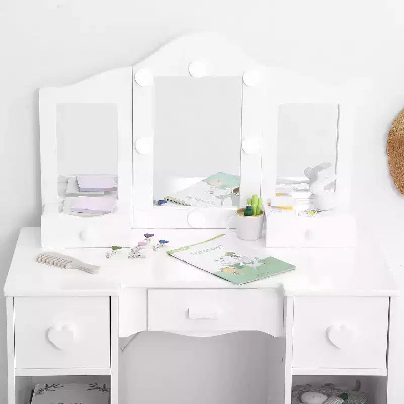 Coiffeuse avec miroir, coiffeuse en bois 2-en-1 pour tout-petits avec tabouret et tiroir