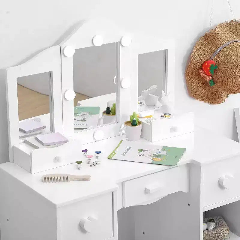 Coiffeuse avec miroir, coiffeuse en bois 2-en-1 pour tout-petits avec tabouret et tiroir