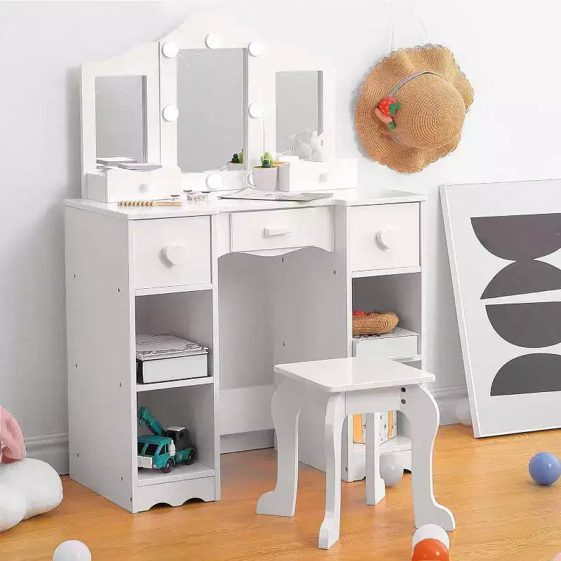 Coiffeuse avec miroir, coiffeuse en bois 2-en-1 pour tout-petits avec tabouret et tiroir