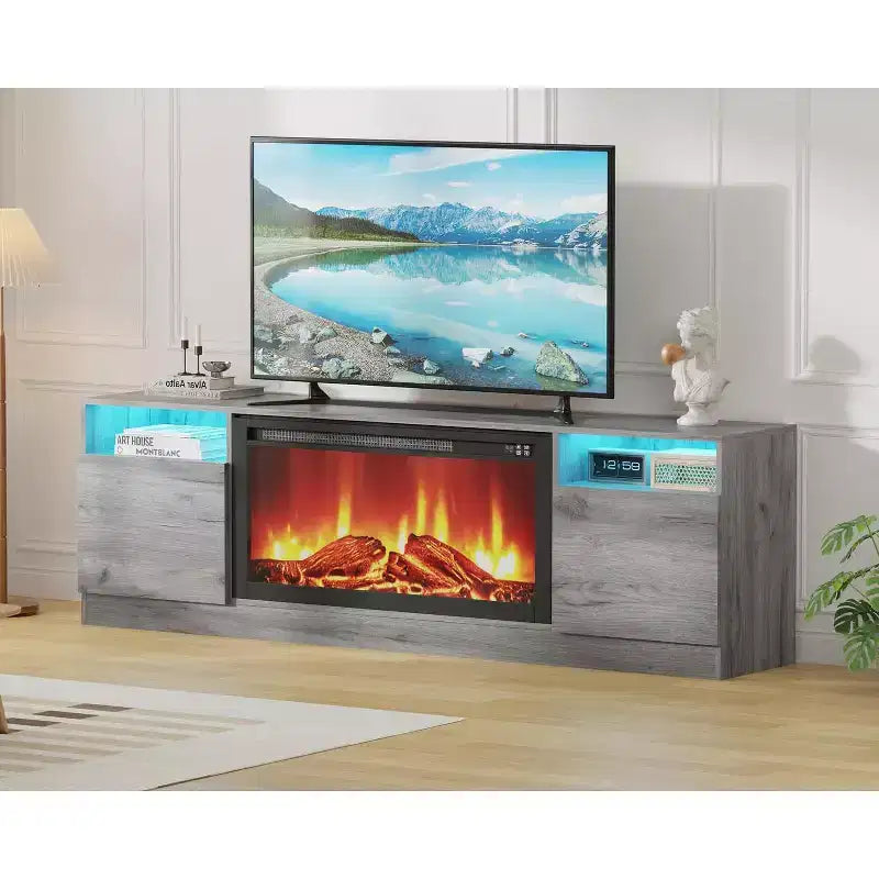 Meuble TV moderne avec éclairage LED, doté de rangements et d'étagères, convenant aux chambres et aux salons.