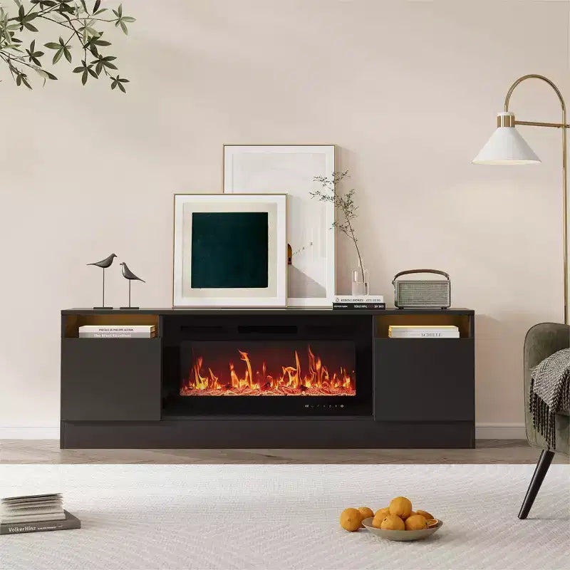 Meuble TV moderne avec éclairage LED, doté de rangements et d'étagères, convenant aux chambres et aux salons.
