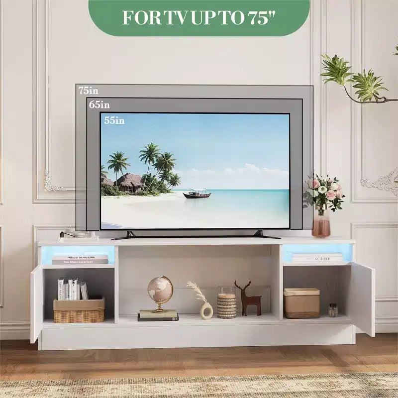 Meuble TV moderne avec éclairage LED, doté de rangements et d'étagères, convenant aux chambres et aux salons.