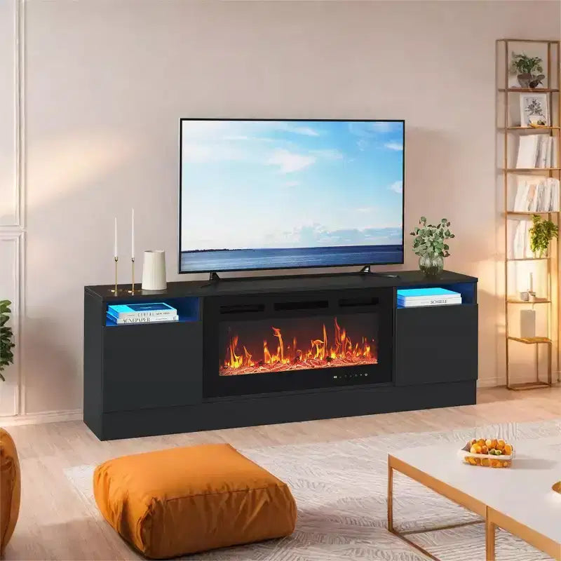 Meuble TV moderne avec éclairage LED, doté de rangements et d'étagères, convenant aux chambres et aux salons.