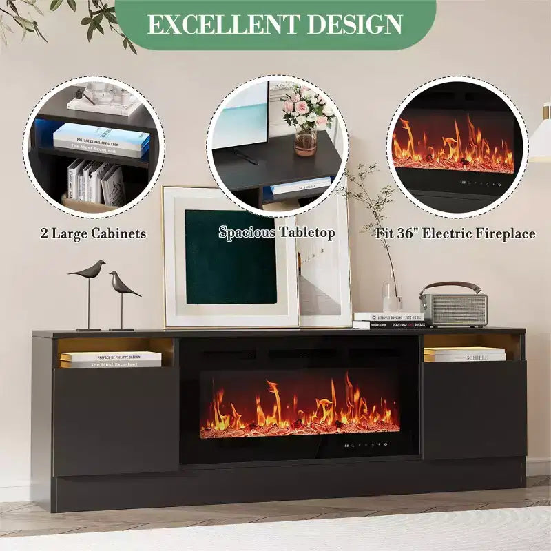 Meuble TV moderne avec éclairage LED, doté de rangements et d'étagères, convenant aux chambres et aux salons.