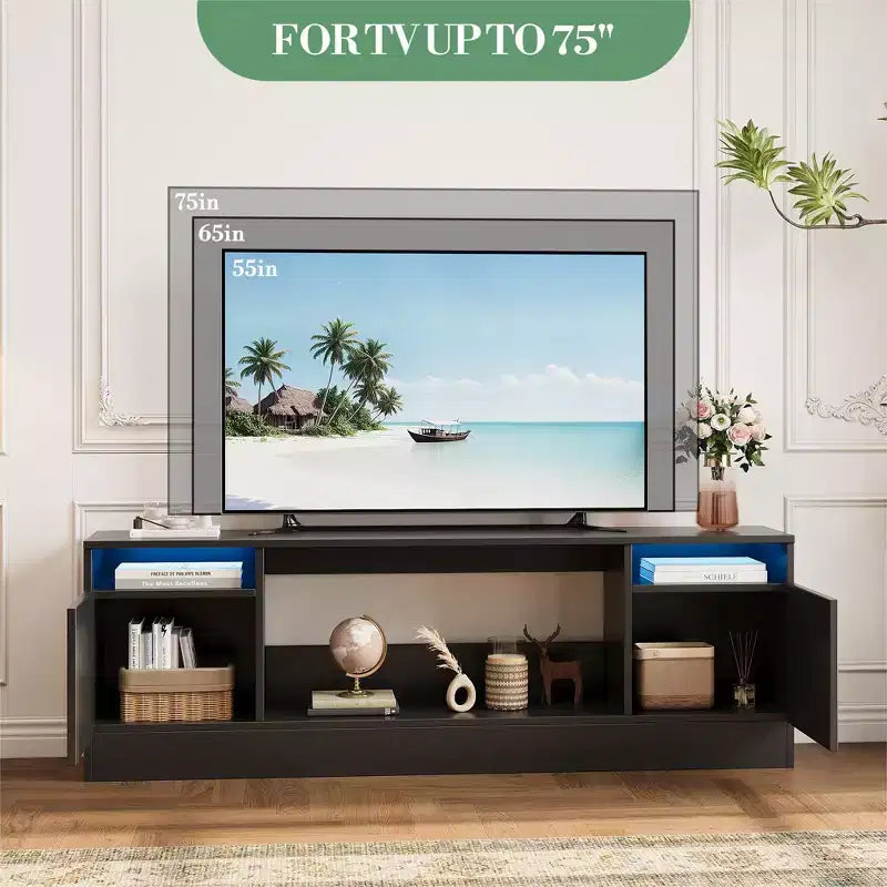 Meuble TV moderne avec éclairage LED, doté de rangements et d'étagères, convenant aux chambres et aux salons.