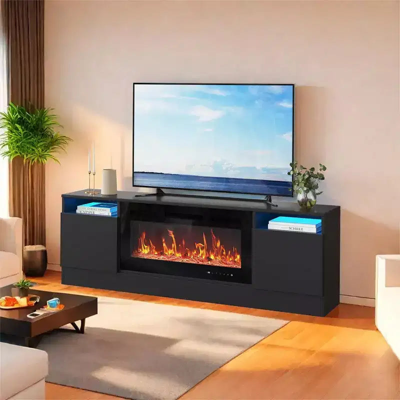 Meuble TV moderne avec éclairage LED, doté de rangements et d'étagères, convenant aux chambres et aux salons.