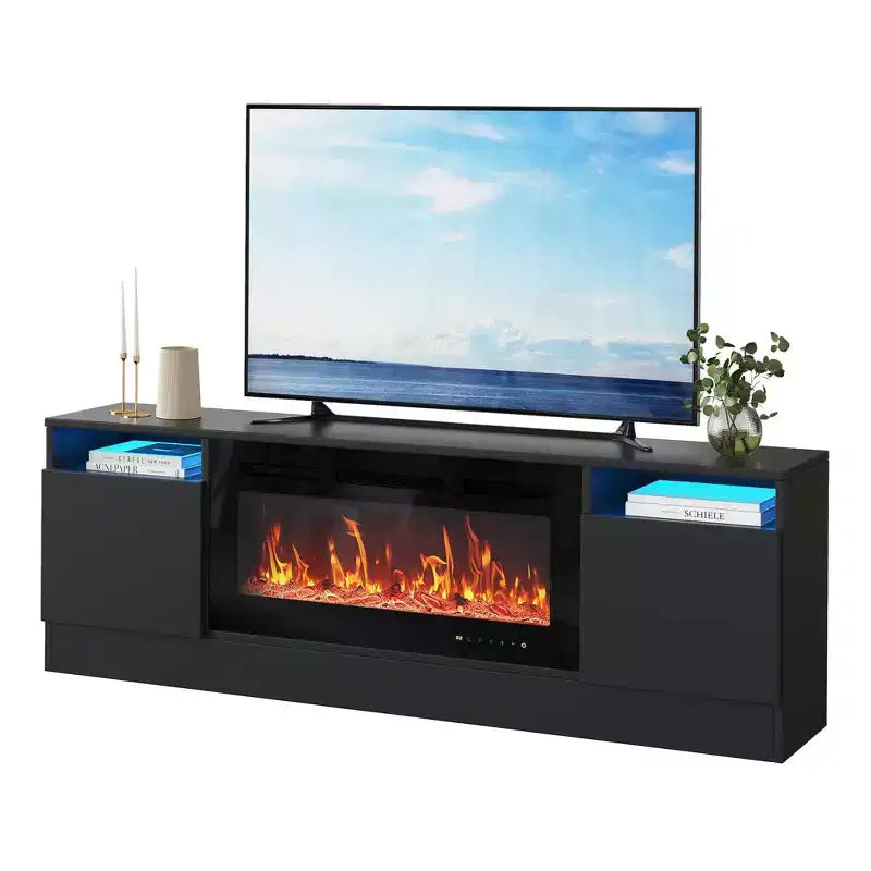 Modern TV stand with LED lighting, featuring storage cabinets and shelves, suitable for bedrooms and living rooms.