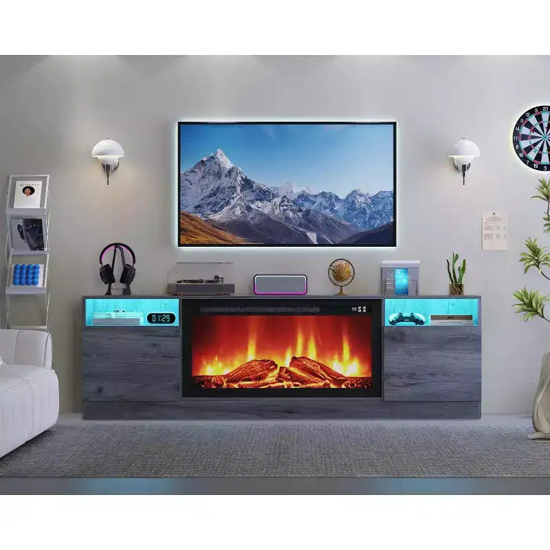 Meuble TV moderne avec éclairage LED, doté de rangements et d'étagères, convenant aux chambres et aux salons.