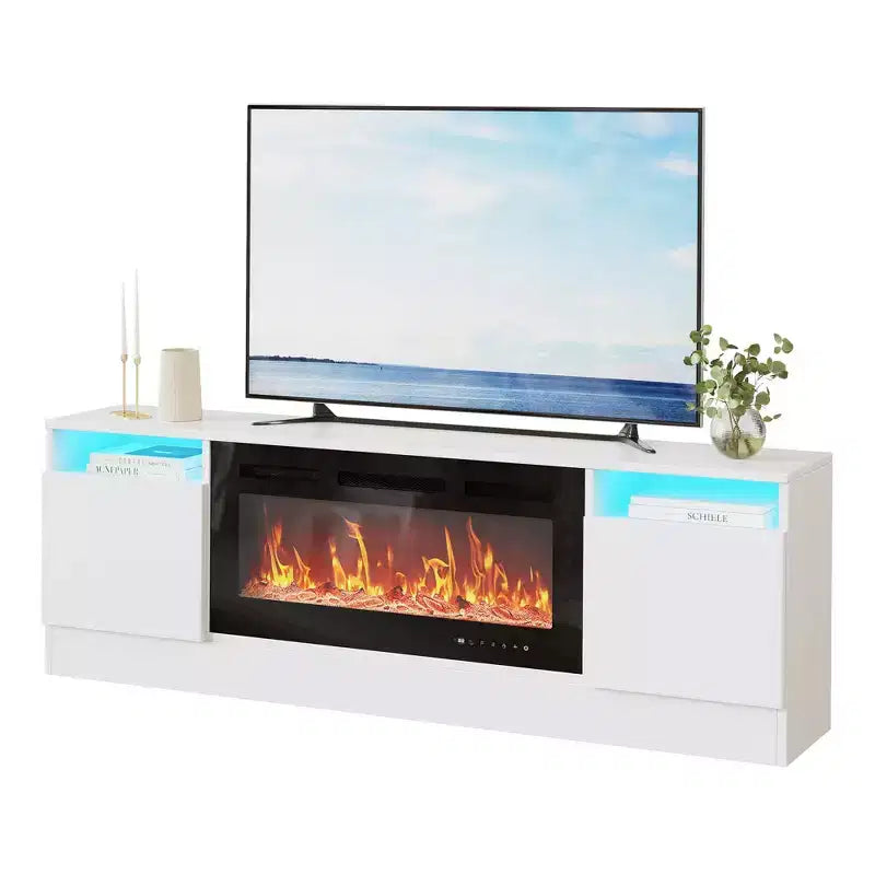 Meuble TV moderne avec éclairage LED, doté de rangements et d'étagères, convenant aux chambres et aux salons.