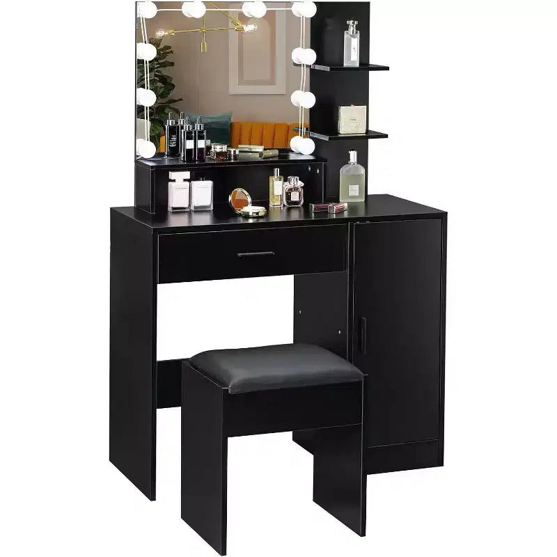 Coiffeuse avec miroir et lumières, Coiffeuse de maquillage avec tiroirs et tabouret pour chambre à coucher, Noir