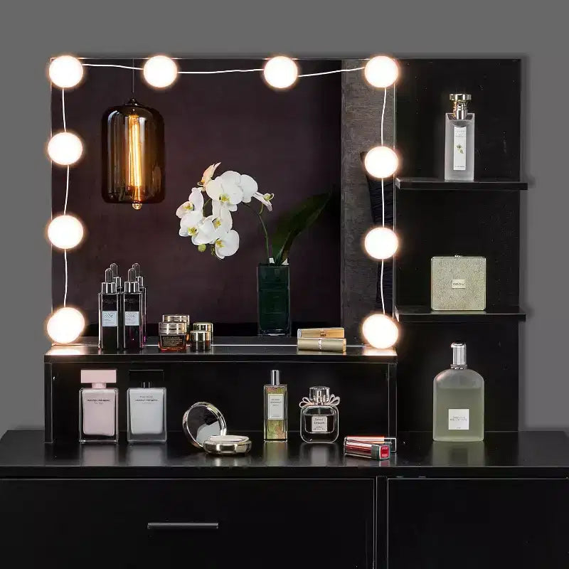 Coiffeuse avec miroir et lumières, Coiffeuse de maquillage avec tiroirs et tabouret pour chambre à coucher, Noir