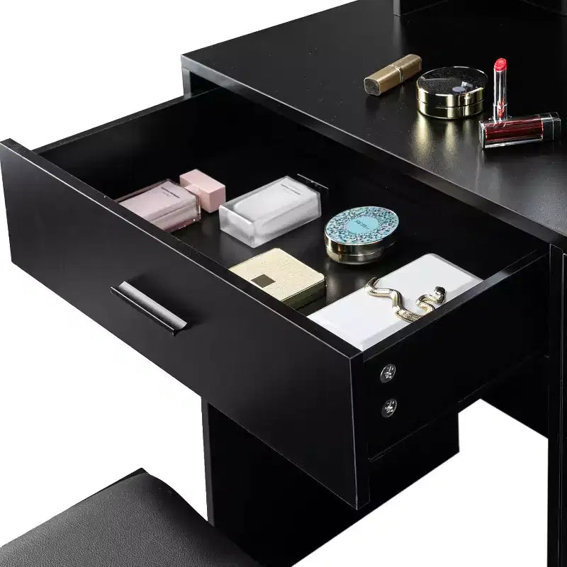 Coiffeuse avec miroir et lumières, Coiffeuse de maquillage avec tiroirs et tabouret pour chambre à coucher, Noir