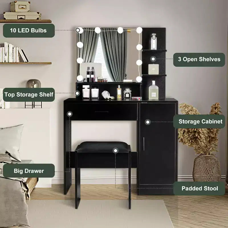 Coiffeuse avec miroir et lumières, Coiffeuse de maquillage avec tiroirs et tabouret pour chambre à coucher, Noir