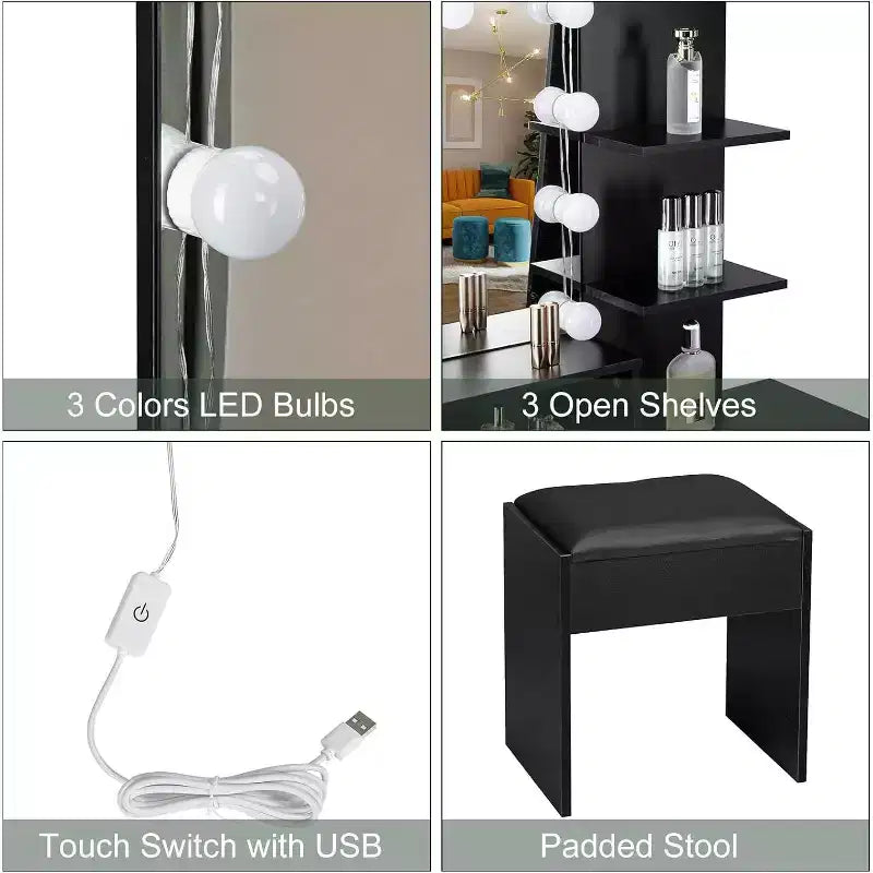 Coiffeuse avec miroir et lumières, Coiffeuse de maquillage avec tiroirs et tabouret pour chambre à coucher, Noir