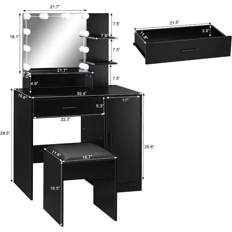 Coiffeuse avec miroir et lumières, Coiffeuse de maquillage avec tiroirs et tabouret pour chambre à coucher, Noir