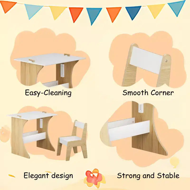 Table pour enfants avec une chaise, table d'étude multifonctionnelle en bois pour enfants – Plateau convertible – Blanc