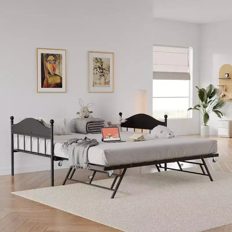 Lit de jour avec lit gigogne relevable, cadre de lit simple en métal avec tête de lit convertible canapé-lit, support à lattes en acier renforcé, marron rustique