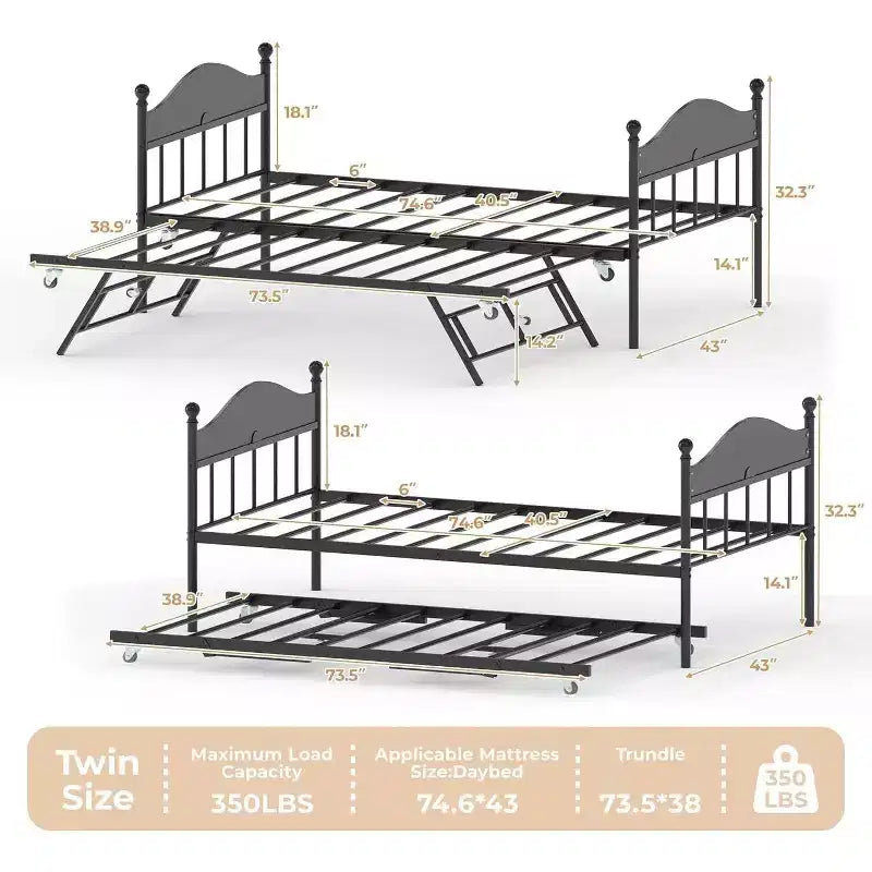 Lit de jour avec lit gigogne relevable, cadre de lit simple en métal avec tête de lit convertible canapé-lit, support à lattes en acier renforcé, marron rustique