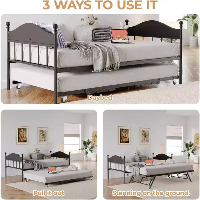 Lit de jour avec lit gigogne relevable, cadre de lit simple en métal avec tête de lit convertible canapé-lit, support à lattes en acier renforcé, marron rustique