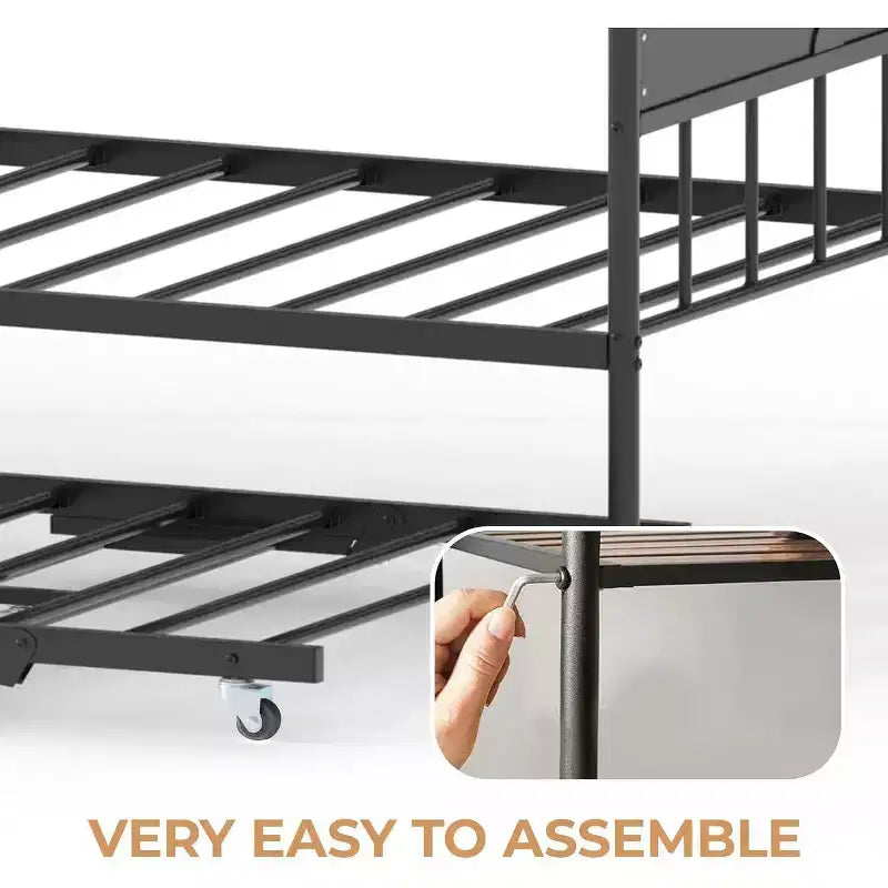 Lit de jour avec lit gigogne relevable, cadre de lit simple en métal avec tête de lit convertible canapé-lit, support à lattes en acier renforcé, marron rustique