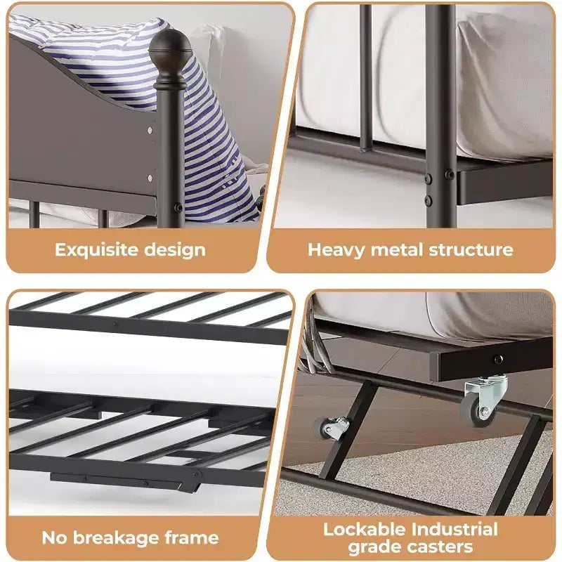Lit de jour avec lit gigogne relevable, cadre de lit simple en métal avec tête de lit convertible canapé-lit, support à lattes en acier renforcé, marron rustique