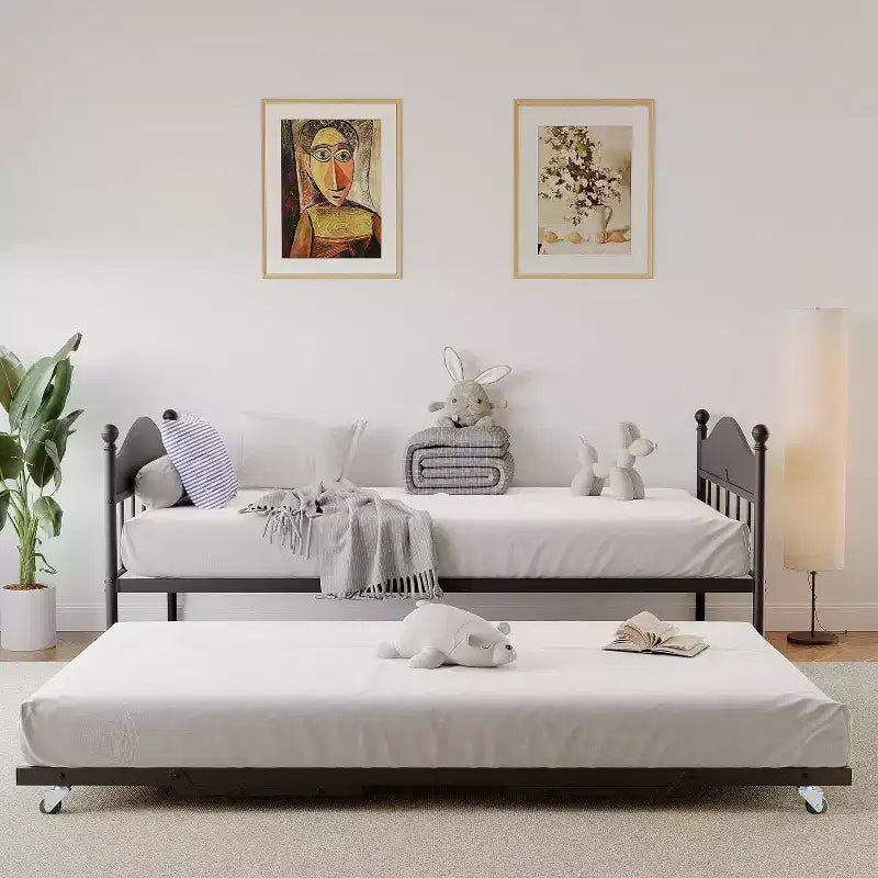Lit de jour avec lit gigogne relevable, cadre de lit simple en métal avec tête de lit convertible canapé-lit, support à lattes en acier renforcé, marron rustique
