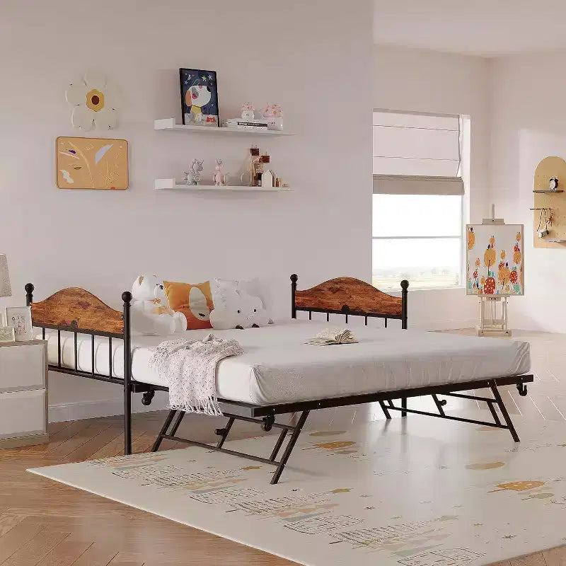 Lit de jour avec lit gigogne relevable, cadre de lit simple en métal avec tête de lit convertible canapé-lit, support à lattes en acier renforcé, marron rustique