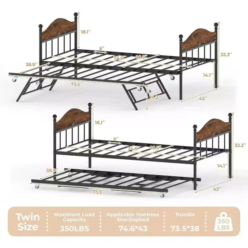 Lit de jour avec lit gigogne relevable, cadre de lit simple en métal avec tête de lit convertible canapé-lit, support à lattes en acier renforcé, marron rustique