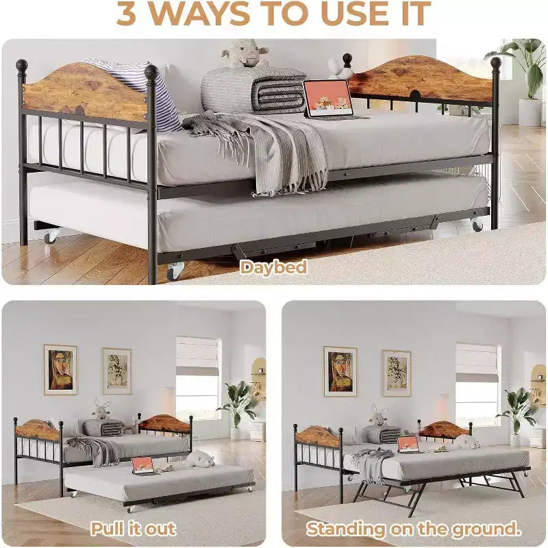 Lit de jour avec lit gigogne relevable, cadre de lit simple en métal avec tête de lit convertible canapé-lit, support à lattes en acier renforcé, marron rustique