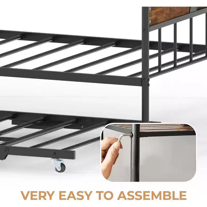 Lit de jour avec lit gigogne relevable, cadre de lit simple en métal avec tête de lit convertible canapé-lit, support à lattes en acier renforcé, marron rustique