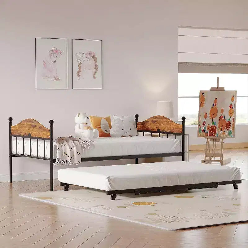 Lit de jour avec lit gigogne relevable, cadre de lit simple en métal avec tête de lit convertible canapé-lit, support à lattes en acier renforcé, marron rustique