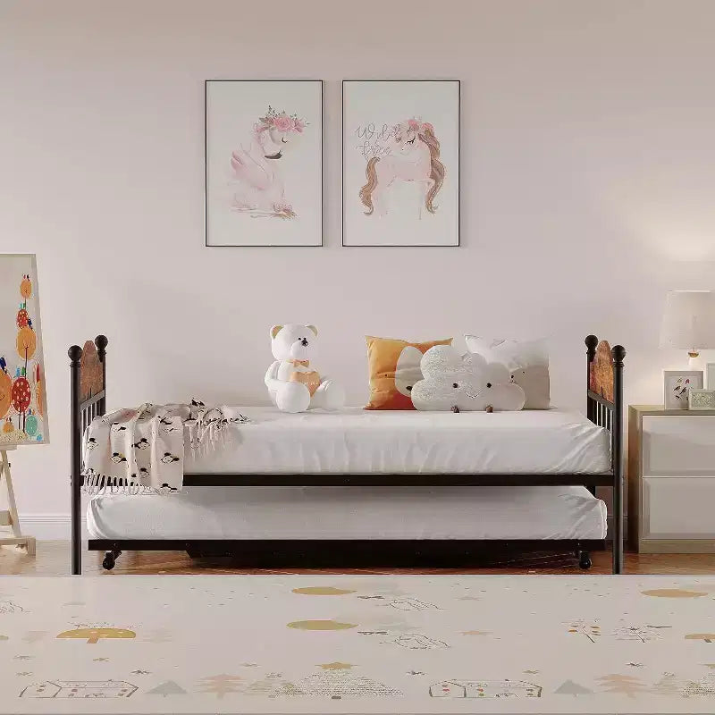 Lit de jour avec lit gigogne relevable, cadre de lit simple en métal avec tête de lit convertible canapé-lit, support à lattes en acier renforcé, marron rustique