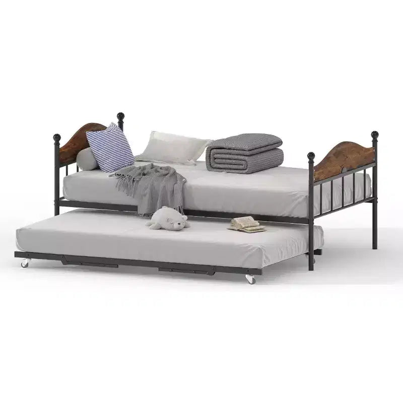 Acekool Daybed with Pop-Up Trundle, Metal Twin Bed Frame with Sofa-to-Bed Headboard, Reinforced Steel Slat Support, Rustic Brown